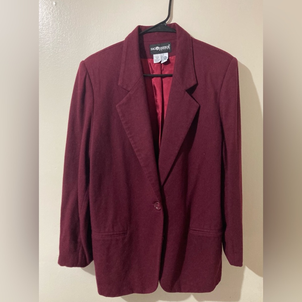 Sag Harbor Women’s Blazer Size‎ 14P 100% Pure Wool Maroon Preppy Dark Academia